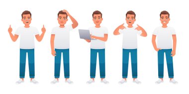 The guy stands radiating confidence, thoughtfully, with a laptop in his hands, points to something. A young caucasian male in a white t-shirt and blue jeans stands in various poses. Man in full growth character set. Vector illustration isolated on wh