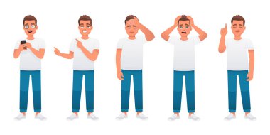 Man in full growth character set. The guy is wearing glasses and looks at the phone, points to something, in despair and sadness, in horror. A young caucasian male in a white t-shirt and blue jeans stands in various poses. Vector illustration isolate