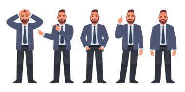 Man in full growth character set. A businessman stands in despair, in sadness, sadness, joy, thinks about something, points to something. A bearded man in a jacket, trousers, shirt and tie stands in different poses. Vector illustration isolated on wh