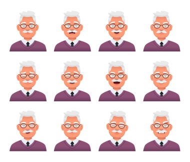Set of different emotions of an old white man in glasses with a mustache. Facial expression. Smile, happiness, anger, sadness, joy, surprise, fear. Vector illustration in cartoon style.