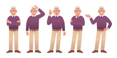 An old white man with glasses, a lilac sweater and beige trousers is standing in different poses. An elderly man in full-length character set. Grandpa is standing with his arms crossed, thinking about something, pointing at something, the gesture is 