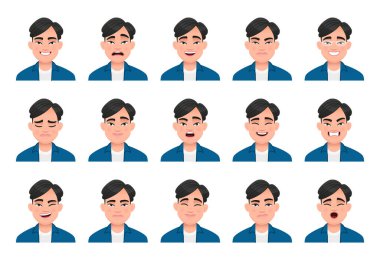Set of various emotions of a Chinese man. Facial expression. Joy, smile, happiness, anger, sadness, surprise, fear, etc. Vector illustration in cartoon style.