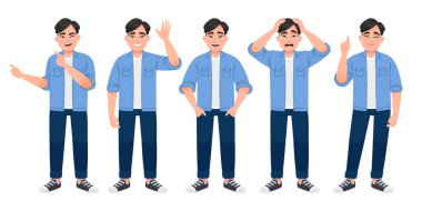 Full-length man is a set of characters. A white man is standing and waving his hand, pointing at something, clutching his head in horror. A young Chinese man in a blue shirt, white T-shirt and jeans stands in different poses.