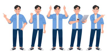 Happy white man is standing with a tablet and a glass of coffee in his hands, pointing at something, a gesture of approval, rejoicing. A young Chinese man in a blue shirt, white T-shirt and jeans stands in different poses. A full-length man is a set 
