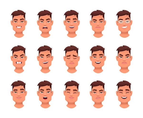 Facial expression of a handsome stylish young man. Set of various emotions of a cute white guy. Smile, happiness, anger, joy, surprise, fear, etc. Vector illustration in cartoon style.