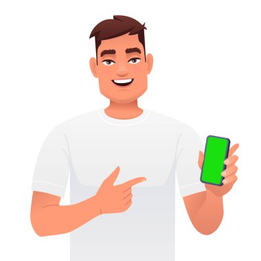 Genç, yakışıklı, beyaz bir adam elindeki akıllı telefonu işaret ediyor. Mobil başvuru ya da hizmetlerin reklamı, başvuru ya da web sitesinin tanıtımı. Vektör illüstrasyonu beyaz arkaplanda izole edildi.