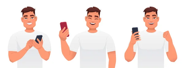 Set Three Characters Happy Handsome Caucasian Man Smartphone His Hand — Stock Vector
