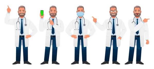 Γενειοφόρος Λευκός Λευκό Παλτό Στέκεται Διαφορετικές Πόζες Γιατρός Στέκεται Μια — Διανυσματικό Αρχείο
