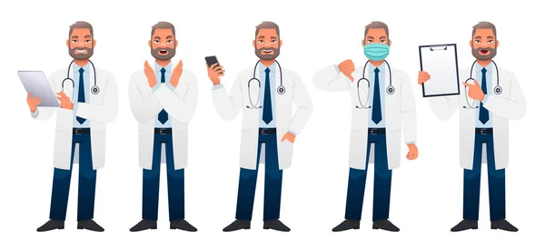 Médico Chefe Masculino Conjunto Completo Personagens Médico Está Com Tablet — Vetor de Stock