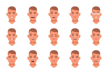 Yakışıklı bir gencin yüz ifadesi. Sevimli beyaz bir adamın çeşitli duyguları. Gülümse, mutluluk, öfke, neşe, sürpriz, korku vs. Çizgi film tarzında vektör illüstrasyonu.