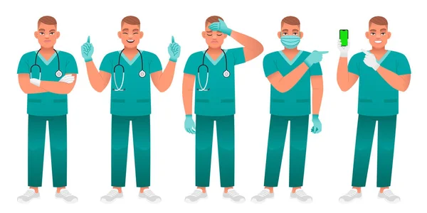 Verpleegster Staat Met Gekruiste Armen Verdrietig Draagt Een Beschermend Masker — Stockvector
