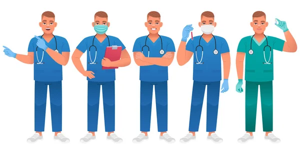 Γιατρός Στηθοσκόπιο Στέκεται Σταυρωμένα Χέρια Φορώντας Προστατευτική Μάσκα Ένα Φάκελο — Διανυσματικό Αρχείο