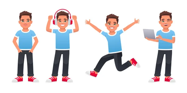 Guy Standing Laptop His Hands Listening Music Headphones Jump Cute — Stock Vector