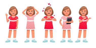 Kız korku içinde duruyor, başını tutuyor, elinde kitaplarla OK işaretini gösteriyor, aşık, bir şeye işaret ediyor. Sevimli beyaz bebek farklı pozlarda duruyor. Büyürken küçük güzel kız.