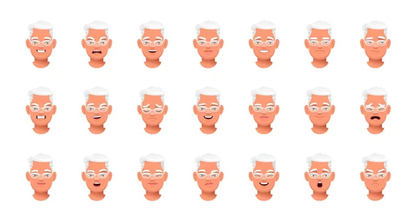 Набор Различных Эмоций Старого Белого Человека Очках Лицо Красивого Пожилого — стоковый вектор