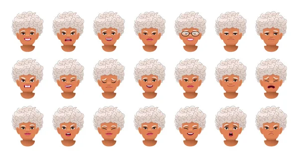 古い黒人女性の異なる感情のセット 白髪の美人お年寄りの顔の表情 悲しみ 漫画風のベクトルイラスト — ストックベクタ
