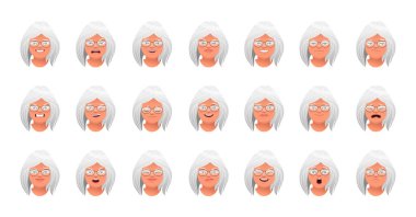 Gri saçlı, güzel, yaşlı bir kadının yüz ifadesi. Gözlüklü yaşlı beyaz bir kadının farklı duyguları. Gülümse, mutluluk, öfke, hayal kırıklığı, üzüntü, sürpriz, korku, vs. Çizgi film tarzında vektör illüstrasyonu.