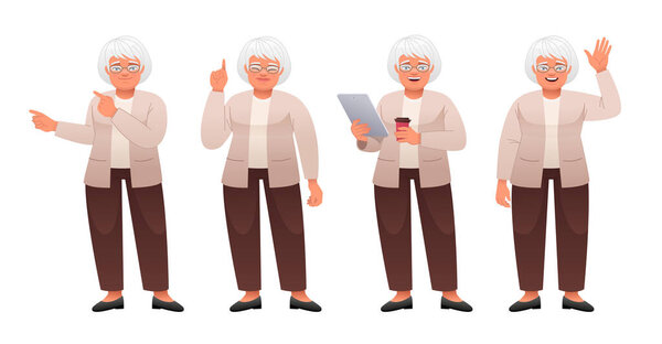 Grandmother stands with a tablet in her hand and a glass of coffee, points to something, waves her hand. Elderly woman in full growth character set. An old white woman with gray hair in glasses stands in various poses.