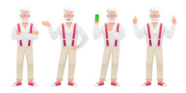 Yaşlı sakallı bir adam kollarını kavuşturup elinde akıllı bir telefonla bir şeyi işaret ediyor. Gri saçlı ve gözlüklü yaşlı beyaz bir adam farklı pozlarda duruyor. Büyükbaba uzun boylu bir karakter kümesi..