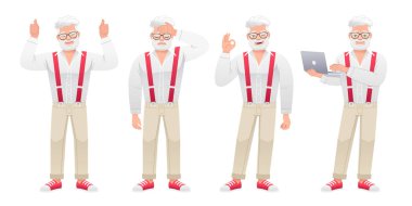 Yaşlı beyaz bir adam elinde dizüstü bilgisayarla üzüntüyle duruyor. Bir iyi niyet göstergesi, bir onay jesti. Gri saçlı ve gözlüklü yaşlı sakallı bir adam farklı pozlarda duruyor. Büyükbaba uzun boylu bir karakter kümesi..