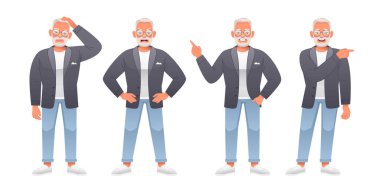 Büyükbabam ellerinin kalçasında olmasından memnun değil. Üzüntüyle bir şey düşünüyor. Bir şeyi işaret ediyor. Gözlüklü gri saçlı yaşlı beyaz bir adam çeşitli pozlarda duruyor. Büyüme çağında sakallı yaşlı bir adam..