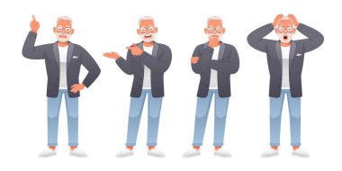 Yaşlı sakallı bir adam panik içinde ellerini başının arkasında tutuyor, bir şey düşünüyor, bir şeyi işaret ediyor. Büyükbaba tam gelişmiş karakter setinde. Gözlüklü, gri saçlı yaşlı beyaz bir adam çeşitli pozlarda duruyor..