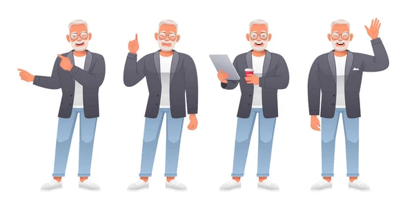 Ein Alter Weißer Mann Steht Mit Einem Tablet Und Einem — Stockvektor