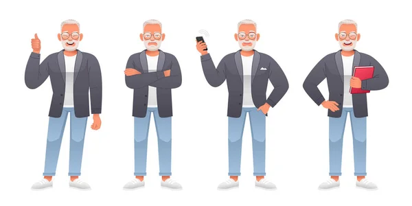 爷爷站在那里 两臂交叉 手里拿着一本书 手里拿着智能手机 显得很不悦 长胡子的上了年纪的男人有完整的成长特征 一个戴眼镜的白发苍苍的老头儿站在各种姿势上 — 图库矢量图片
