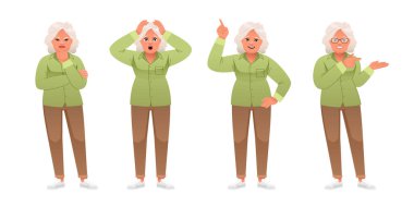 Yaşlı beyaz bir kadın bir şeyin üzerinde duruyor, bir şeye işaret ediyor, panik içinde elleriyle başını tutuyor. Büyüme çağında bir büyükanne. Gri saçlı yaşlı bir kadın farklı pozlarda durur..