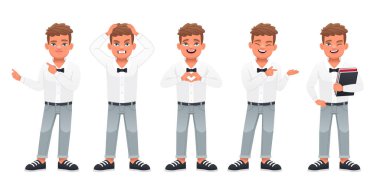 Adam elinde kitaplarla ayakta duruyor, bir şeyi işaret ediyor, panikle kafasını tutuyor, ellerinden kalp hareketi yapıyor. Büyürken küçük, güzel bir çocuk. Sevimli beyaz bebek farklı pozlarda duruyor..