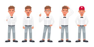 Adam üzgün duruyor, bir şey düşünüyor, gözlüklerle, bir şeyi işaret ediyor, bir şapkanın içinde. Büyümekte olan sevimli beyaz bir bebek. Küçük yakışıklı bir çocuk farklı pozlarda durur..