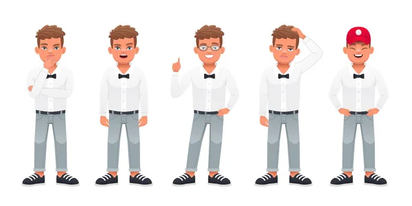 Guy Stands Sadness Thinks Something Glasses Points Something Cap Cute — Stock Vector
