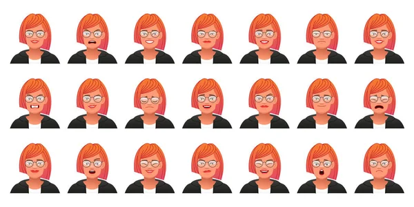 Set Different Emotions Cute Caucasian Woman Red Hair Facial Expression — Stock Vector