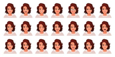 Set of different emotions of a cute caucasian woman with dark hair. Facial expression of a beautiful stylish young girl. Smile, happiness, anger, surprise, fear, sadness, etc. Vector illustration in cartoon style. clipart