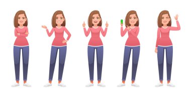 Güzel, ince, beyaz bir kız kollarını kavuşturmuş, bir şeyi işaret ediyor, elini sallıyor, elinde akıllı bir telefon var. Tam gelişim gösteren bir kadın. Genç bir kadın çeşitli pozlarda duruyor..
