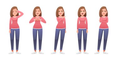 İnce, güzel, beyaz bir kız bir kayıp, üzgün, bir şeyi düşünüyor, bir şeyi işaret ediyor, ellerinden bir kalp işareti yapıyor. Genç bir kadın çeşitli pozlarda duruyor. Tam gelişim karakterli kadın.