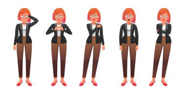 Bir iş kadını hüzünle ayakta duruyor, kalp işaretini elinden alıyor, şaşkınlık içinde, bir şeyler düşünüyor, bir şeyleri işaret ediyor. Güzel, ince, gözlüklü beyaz bir kız farklı pozlarda duruyor. Uzun boylu, kızıl saçlı genç bir kadın. 