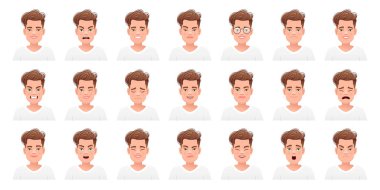 Tişört giyen beyaz bir adamın farklı duyguları. Yakışıklı, şık bir genç adamın yüz ifadesi. Gülümse, mutluluk, öfke, sürpriz, korku, üzüntü, vs. Çizgi film tarzında vektör illüstrasyonu.
