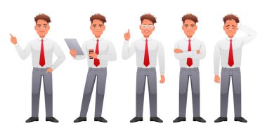 Yakışıklı, narin, beyaz bir adam üzgün, kolları çaprazlanmış, elinde bir tablet ve bir bardak kahveyle bir şeyi işaret ediyor. Tam gelişim karakterli bir iş adamı. Genç bir adam farklı pozlarda durur..