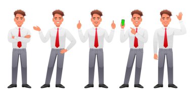 Bir iş adamı kollarını kavuşturup bir şeye işaret eder ve elinde akıllı bir telefonla elini sallar. Yakışıklı, ince, beyaz bir adam çeşitli pozlarda duruyor. Tam gelişim karakterli genç adam..