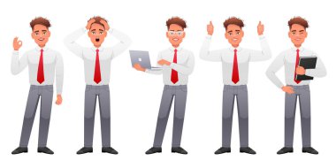 Genç bir adam elinde bir dizüstü bilgisayarla elinde bir kitapla, onaylama jesti, tamam işareti gösteriyor, panik içinde kafasını sıkıyor. Yakışıklı, ince, beyaz bir adam çeşitli pozlarda duruyor. Tam gelişim karakterine sahip bir iş adamı.