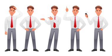 Bir iş adamı, elleri kalçasında tatmin olmamış, elinde akıllı bir telefonla bir şeyi işaret eden bir şey hakkında düşünür. Tam gelişmiş karakter setindeki genç adam. Yakışıklı, ince, beyaz bir adam çeşitli pozlarda duruyor..