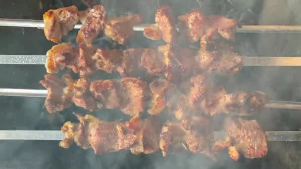 Prato Carne Cordeiro Shish Espetos Frita Brasas Grelha Close Vista — Vídeo de Stock