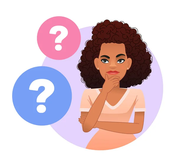 黑人女孩有一个问题 精心设计的肖像 一个头发卷曲的非洲女孩 一个被疑问句包围的女人聪明 聪明的女人 解决问题 矢量卡通画 — 图库矢量图片