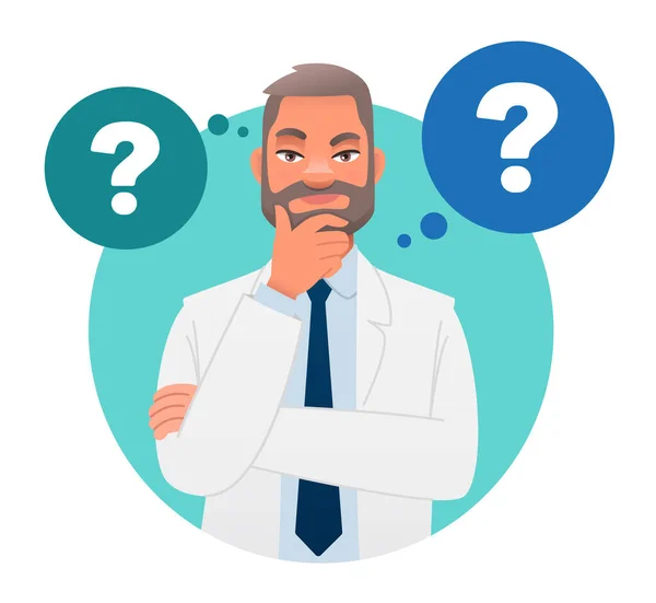 stock vector A doctor in a white coat, surrounded by question bubbles. The man has a question. Portrait of a thoughtful person. Smart, thinking guy, problem solver. Vector cartoon illustration.