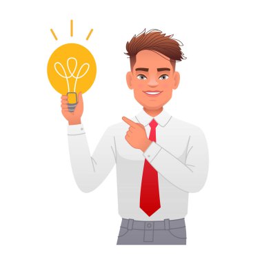 Genç adam elinde bir ampul tutuyor ve onu işaret ediyor. Mutlu bir öğrencinin portresi. Sorunu nasıl çözeceğine dair fikri olan zeki beyaz adam. Adamın bir fikri var. Vektör çizgi film illüstrasyonu.