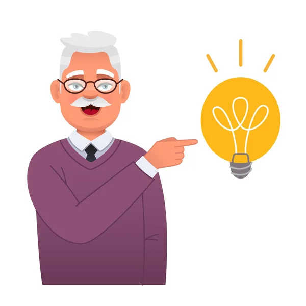 Retrato Velho Feliz Homem Idoso Branco Inteligente Com Uma Ideia —  Vetores de Stock