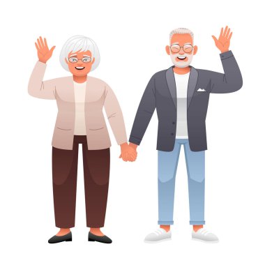 Yaşlı bir kadın ve bir erkek el ele tutuşuyorlar. Dost canlısı güçlü bir aile. Mutlu emekliler. Toplumun güzel ve gülümseyen hücresi. Beyaz arkaplanda çizgi film tarzında vektör illüstrasyonu.