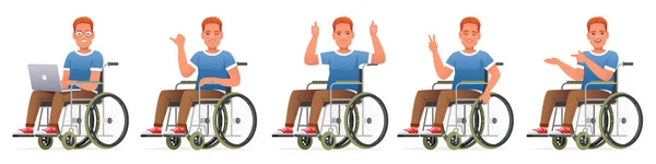 車椅子で幸せな障害者のセット 眼鏡とラップトップを持つ男は車椅子に座って 何かを指摘し 承認のジェスチャー 白を基調とした漫画風のベクトルイラスト — ストックベクタ