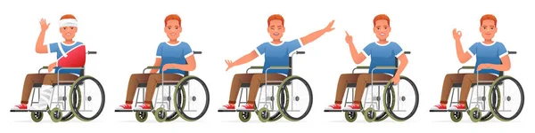 Набор Счастливого Инвалида Инвалидной Коляске Человек Перевязанной Головой Гипсе Сидит — стоковый вектор
